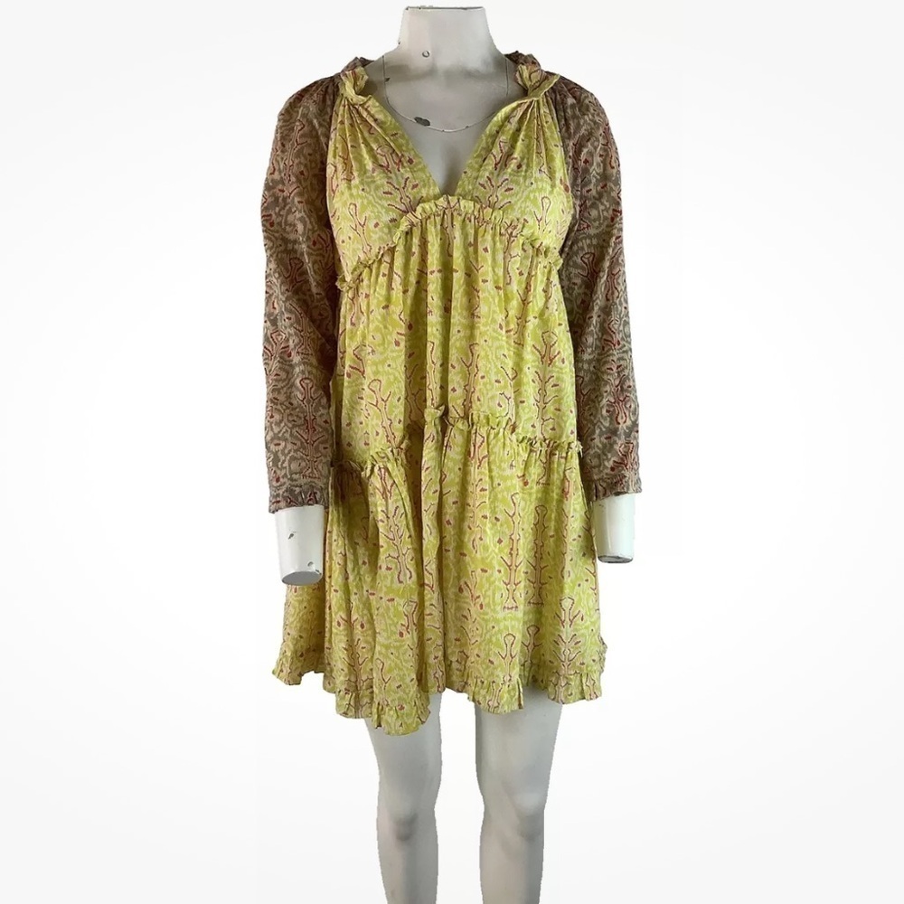 Charina Sarte Sz M Boho Swing Hem Shift Floral Dress Brown Yellow 100% Cotton